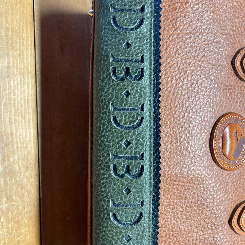 RARE Dooney & Bourke Tan Forest Green All Weather Leather Satchel Hand Bag Purse